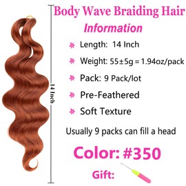 COOKOO 9 Packs Copper Red Body Wave Braiding Hair 14 Inch Pre Feathered Bouncy Braiding Hair French Curls Wavy Braiding Ocean Deap Twist Crochet Hair Synthetic Hair Extensions(350#)
