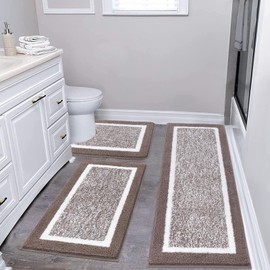 Pauwer Bathroom Rug Mat Set 3 Piece, Microfiber Shaggy Bath Set, Non-Slip Ultra Soft Carpet Mats, Absorbent with U-Shaped Toilet for Bathroom, Tub, Shower, Coffee