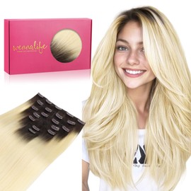 WENNALIFE Clip in Hair Extensions, 16 Inch 120g 7pcs Clip in Hair Extensions Real Human Hair, Ombre Light Dark Brown to Platinum Blonde Human Hair Remy Hair