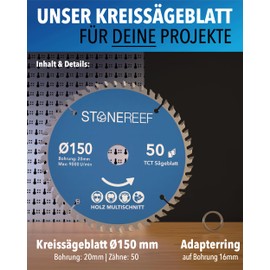 STONE REEF Saw Blade 150 x 20 – Circular Saw Blade [Includes Adapter to Bore 20 & 16 mm], Compatible with Angle Grinders from Bosch, Makita etc. – Saw Blade Circular Saw Nail Proof – for Wood, Metal