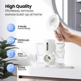 UNIWA Water Powered Ear Cleaner, Electric Ear Cleaner with Reusable Replacement Tips, 4 Pressure Settings, Safe and Effective Ear Rinsing Kit for Adults, Ear Irrigation Kit & USB-C Cable, IPX7, White