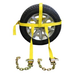 US Cargo Control Side Mount Wheel Net with Cam Buckle,Two Ratchets and Chain Extensions, Easy to Use Wheel Strap for Vehicle Tie Down Applications, Durable Polyester Webbing