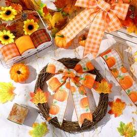 Blosssound Fall Ribbon Wired 2.5 Inch x 30 Yards Burlap Autumn Maple Leaves Pumpkin Buffalo Plaid Wired Edged Ribbons Set 5 Roll for Fall Thanksgiving Party Decor Wreath Bow Crafts(Orange,Harvest)