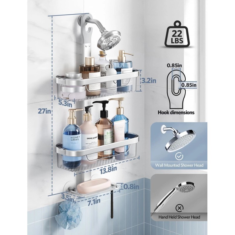 LAMU 3-Tier Hanging Shower Caddy Rustproof Organizer Over Showerhead Hooks