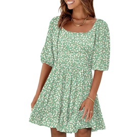 ANRABESS Women Summer Casual Short Lantern Sleeve Square Neck A-Line Flowy Boho Mini Dress 2025 Trendy Beach Travel Clothes White Brown Dot XX-Large