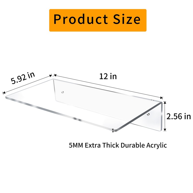 Jansburg 12 Inch L-Shaped Acrylic Floating Shelf Wall Mounted Shelves