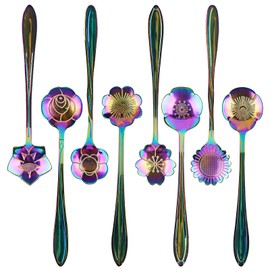 Biiange Flower Spoon Coffee Teaspoon Set, Stainless Steel Tea Spoon Essert Spoon, Stainless Steel Tableware Creative Sugar Spoon Tea Spoon for 8 Different Patterns (Colorful)