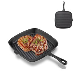 Grill Pan, Cast Iron Grill Pan Steak Frying Pan Food Meals Gas Induction Cooker Cooking Pot Kitchen Cookware for Steak, Fish and BBQ, 9.53 x 9.06 x 1.18in