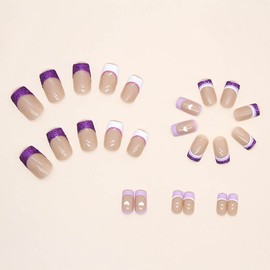 RikView French Tip Press on Nails Medium Fake Nails Purple & White Nails Glossy Square Acrylic Nails for Women(Medium Square White)