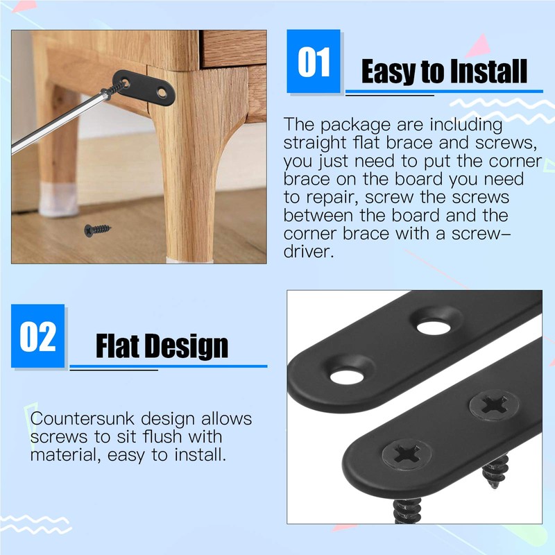 Glarks 20 Sets 60mm Flat Straight Corner Brace Black Metal