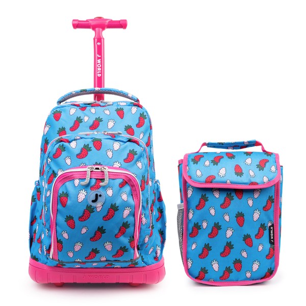 J World Lollipop Kids Rolling Backpack & Lunch Bag Set for Elementary School. Carry-On Suitcase with Wheels, Strawberry