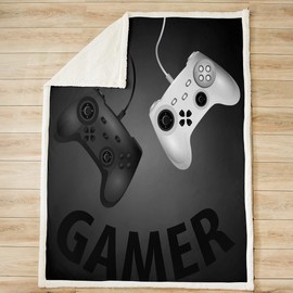 Gamepad Sherpa Blanket Kids Gamer Fleece Throw Blanket Ultra Soft Black White Video Game Gamepad Plush Blanket Warm for Bed Sofa Couch Boys Modern Game Controller Blanket Single 50x60 Inch