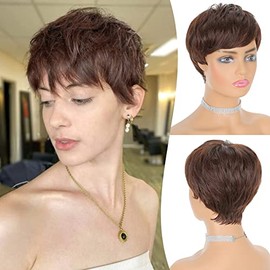 FESHFEN Pixie Cut Wigs Synthetic Short Chocolate Brown Pixie Haircut Wig with Bangs Glueless Layered Wig Wavy Wigs for Women