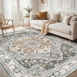 Micgeek Washable 6x9 Area Rugs for Living Room - Vintage Distressed Floral Neutral Boho Farmhouse Soft Large Rug Indoor Floor No Slip Rug Carpet for Bedroom Dining Room Decor - Green