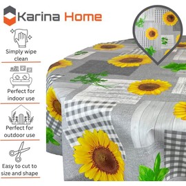 Karina Home Grey and Yellow Sunflower Wipe Clean Tablecloth Vinyl PVC Table Cover Wipeable Table Cloth (Grey, Round 138cm)