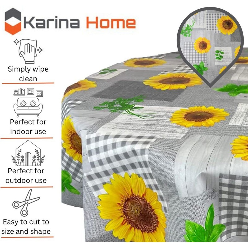Karina Home Grey and Yellow Sunflower Wipe Clean Tablecloth Vinyl