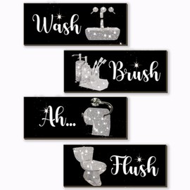 FENCORDAR 4 Pcs Silver Bathroom Decor Silver And Black Wall Decor Large Wooden Bathroom Accessories Modern Funny Glitter Decoration Set for Home Toilet (14x5.5 Inch)