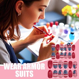 Press on Nails for Women - 24X 4Th of July Short False Nails - Patriotic Artificial Fingernails, Manicure Beauty Tools for Girlfriend Wife Mother Masquerade Dating