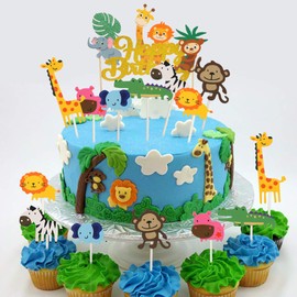 DIYASY - 36 decoraciones para tartas de safari, 1 decoración para tartas de feliz cumpleaños de animales de la selva y 35 decoraciones para cupcakes de animales para niños safari