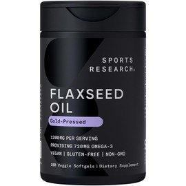 Sports Research Vegan Flaxseed Oil (1200mg) Herbal Supplement with Plant-Based ALA Omega 3 - Vegan Certified & Non-GMO Verified - Gluten, Soy & Carrageenan Free (180 Veggie Softgels)