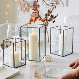 QL Hurricane Candle Holders, Set of 3 PCS Large Glass Candle Holder, Transparent Tempered Glass Hurricane Candle Holder with 3 Size (Glossy Black Finshed Border)