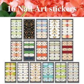 WOKOTO 16 Sheets Flowers Leaves Nail Stickers for Acrylic Nails Flowers Maple Leaf Nail Polish Strips Stickers Full Nail Wraps for Women with Nail File Press On Nail Polish Stickers Nail Art Wraps