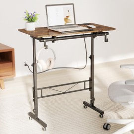 SIDUCAL Mobile Standing Desk with Charging Station, Portable Small Stand Up Desk for Walking Pad & Treadmill, Tilted Desktop Adjustable Height, Rolling Laptop Cart, 31.5” Rustic Brown