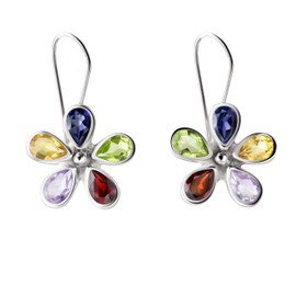Franki Baker Natural Amethyst, Garnet, Iolite, Citrine, Peridot Gemstone 925 Sterling Silver Flower Dangle Drop Earrings. Length: 3cm