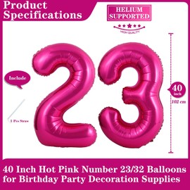 Hot Pink 23 Number Balloons, 40 Inch Giant Number 23 Balloons Foil Mylar Helium Hot Pink Number Balloons for 23th Birthday Party Supplies Anniversary Event Celebration Decorations