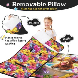 Toddler Nap Mat Kid Highland Cow Sleeping Mat with Removable Pillow and Plush Blanket Large Thickened 60''x20 for Kids Ages 3-7 Years Toddler Sleeping Bag for Daycare Preschool Travel Camping