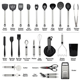 Silicone Kitchen Utensils Set 33 PCS silicone utensils set for cooking with Stainless Handles - Heat Resistant Food Grade Utensil Sets, BPA Free Kitchen Gadgets Tools Set for Nonstick Cookware (Black)