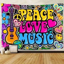 F-FUN SOUL Peace Love Tapestry, Large 80x60inches Soft Flannel, Music Guitar Symbol Dove Flowers 70s Hippie Psychedelic Tapestries Wall Hanging for Bedroom Living Room Decor Banner GTZYFS1201