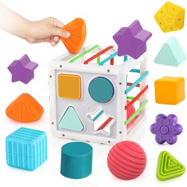 XENOPHON Juguetes de Clasificación de Forma para Niños, Juguetes Colorido Sensoriales Montessori, Juguete de Cubo Sensorial con Bloques y Bandas Elásticas, Juegos Didacticos de Niños (Cubo)