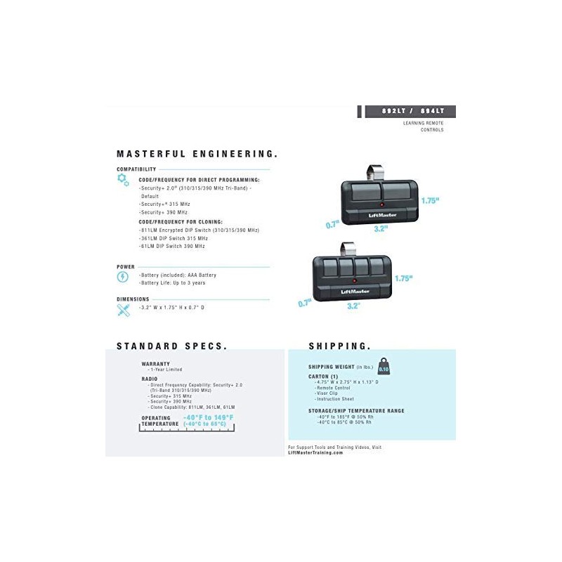 LiftMaster 892LT Two-Button Security+ 2.0 Learning Garage Door Opener Remote