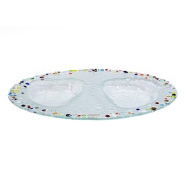 SOSPIRI VENEZIA Murano Style Oval Glass Plate with Two Heart Cut-Outs - Elegant Tray Accessory for Romantic Dinner 31 x 23 cm