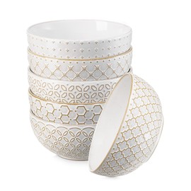DOWAN Soup Bowls Set of 6, 26 OZ Cereal Bowls for Kitchen, 6" Ceramic Embossment Bowl for Salad, Pho, Fruits, Rice, Large Bowls Decor & Housewarming Gift, Dishwasher & Microwave Safe