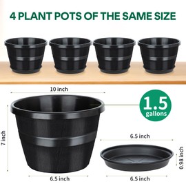 UNEED 10 inch Plant Pots, 4 Pack Plastic Flower Pots with Drainage Holes & Saucers, Retro Outdoor Indoor Garden Planters for Plants, Patio, Lawn Decor (Black)