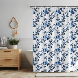 LOVOUS Vintage Floral Fabric Shower Curtain, 72 x 72 Blue Flower Shower Curtain for Bathroom - Farmhouse Fabric Bathroom Curtain with 12 Hooks Bath Home Decor