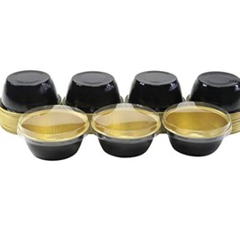 KitchenDance Disposable Colored Aluminum Foil Ramekins Pan with Lid - 4 Ounces Round Non-Stick Baking Pans Perfect for Home, Bakeries, Restaurants, 100 Pack, #ALU-50 (Flat Lid, Black w/Gold Interior)