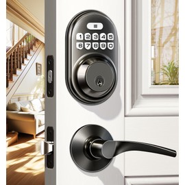 Veise Keyless Entry Door Lock with 2 Lever Handles - Electronic Keypad Deadbolt, Auto Lock, Back Lit & Easy Installation Design, Front Door Handle Sets, Matte Black
