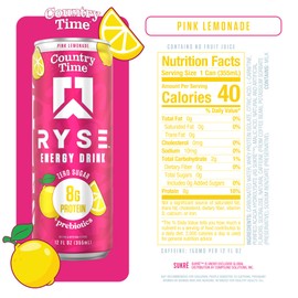 RYSE Functional Energy Drink - Country Time Pink Lemonade - 150mg Natural Caffeine, 8g Whey Protein & 1g Prebiotics - Sugar Free, Gut-Friendly, Bloat-Free - 12 fl oz Cans (12-Pack)
