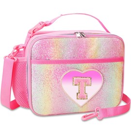 RHCPFOVR Kids Initial Lunch Bag - Insulated Lunch Box for Boys Girls,Washable Lunch Bag and Reusable Toddler Leak-proof Lunchbox for School and Daycare Pink T