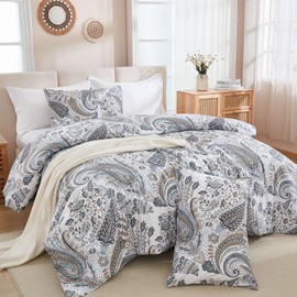 Cozaline Grey Blue Paisley Comforter Set Queen Size 3 Pieces 100% Cotton Boho Paisley Pattern Bedding Set All Season Soft Cotton Lightweight Reversible Comforter