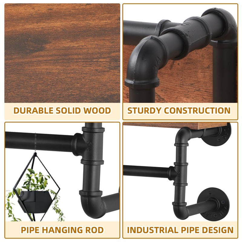 Yawinhe Industrial Pipe Clothes Rack with Top Shelf, Wall Mounted