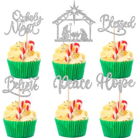 24 piezas de adornos de Navidad de Jesús para magdalenas con purpurina, para belén de Navidad, Navidad, Navidad, Jesús, fiesta de cumpleaños, decoración de pasteles, color plateado