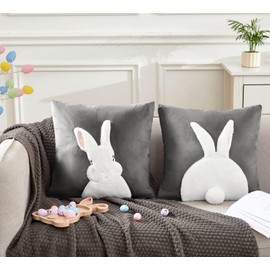 IHClink Easter Cushions Covers Easter Decorations Square Rabbit Benny Decorative Throw Pillow Case 3D Embroidered Velvet Spring Pillowcases for Livingroom Sofa Bedroom 45cm x 45cm Set of 2 (Grey)