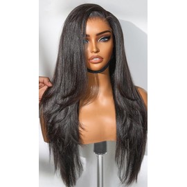 22 Inch Straight Lace Front Wigs for Black Women Wear And Go Glueless 13x6 Layered Synthetic HD Lace Wig with Baby-hair, Light Yaki Natural Black Soft Synthetic Hair Blended Human Hair 180% Density