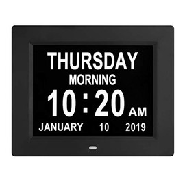 Digital Calendar Day Clocks Extra Large Non-Abbreviated Day&Month.Perfect for Seniors + Impaired Vision Dementia (Black,8-inch)