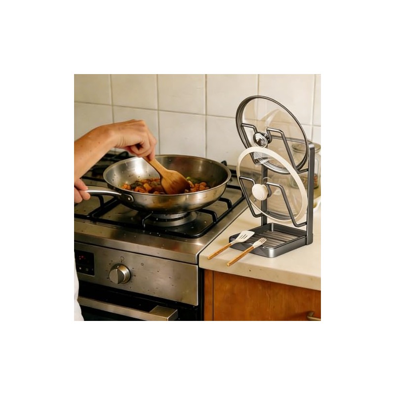 Pot Lid Organiser, 2-Tier Storage Stand with Spoon Rest, Lid