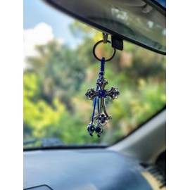 LUCKBOOSTIUM Cross Keychain Ring w/Evil Eye Tassel, Sign of Good Luck & Blessing, Trendy Cute Charm for Home Keys, Office, Bag, Good Luck, Rear View Mirror Car Accessories Ornament Thoughtful Gift